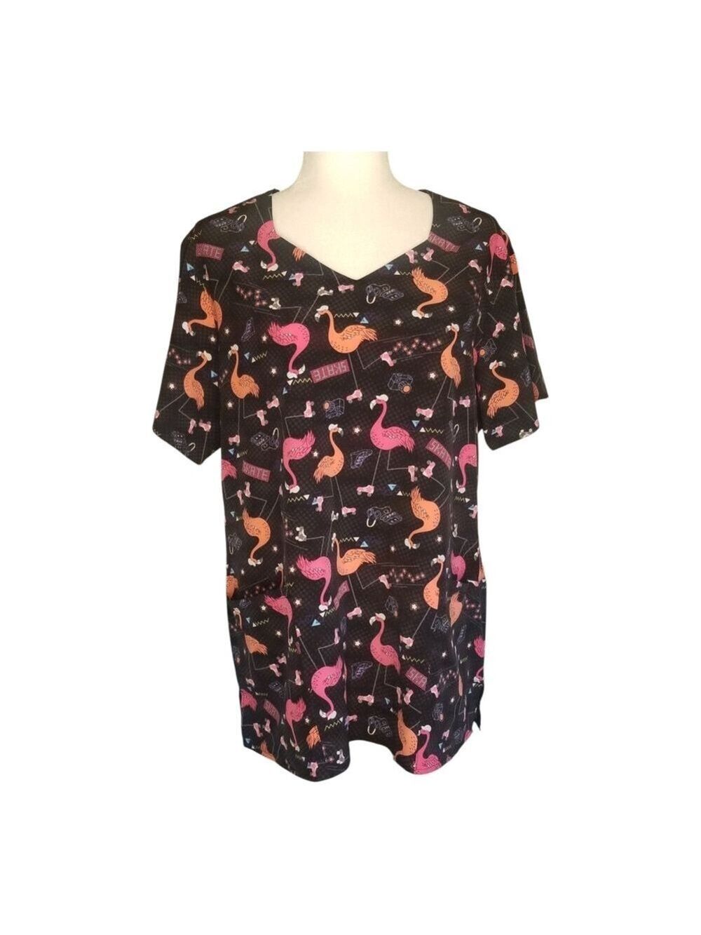 Colorful Flamingo Print Women's Short Sleeve Scrub Top